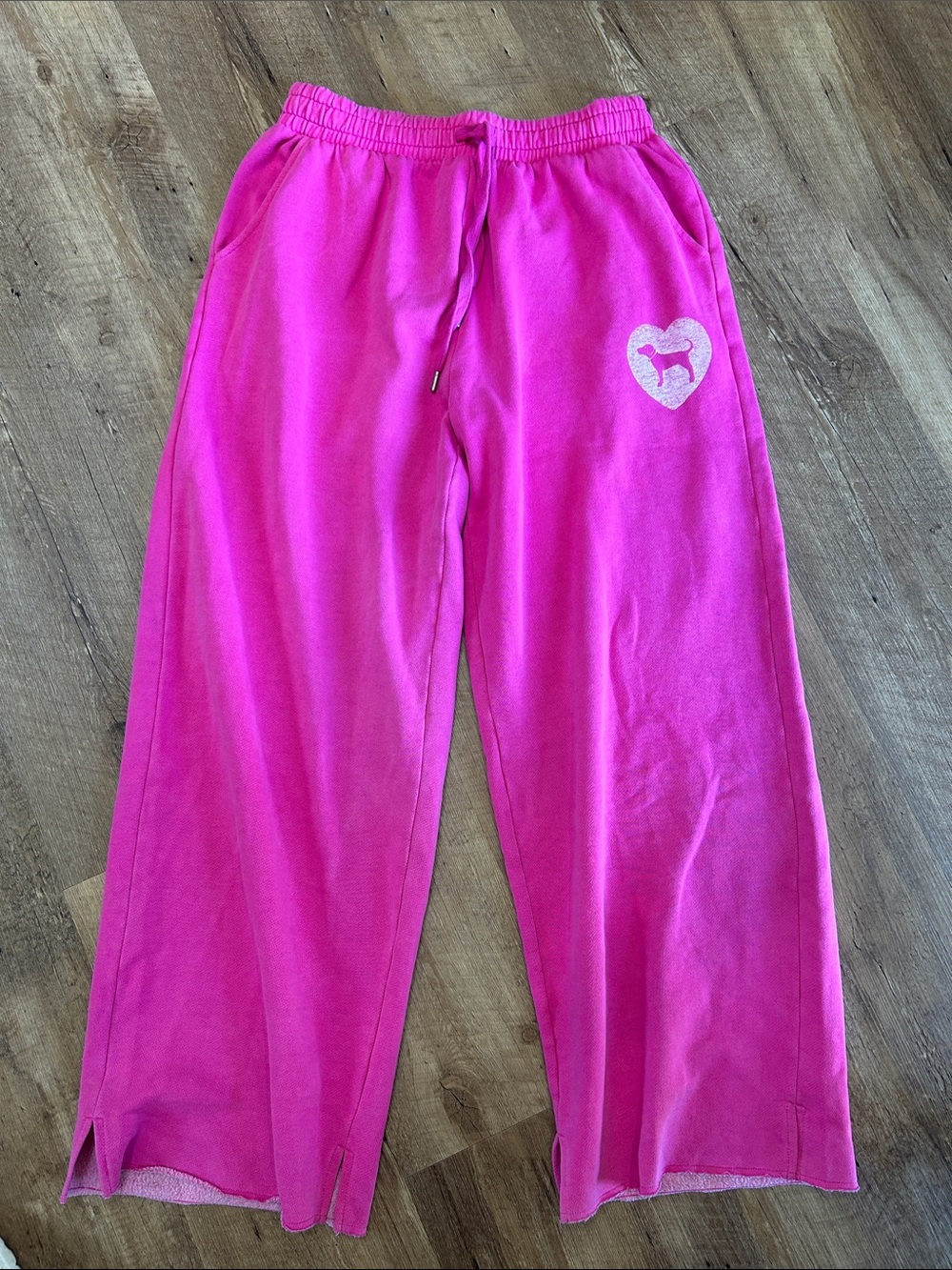 PINK Victoria's Secret Hot Pink Wide-Leg Joggers with Heart Dog Logo